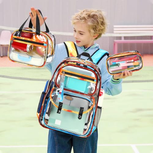 ACESAK Clear Backpack for Boys Girls - 3 Pcs Clear Heavy Duty with Lunch Bag - See Through Backpack Stadium Approved for Kids Middle High College School (Flame) - color: Flame