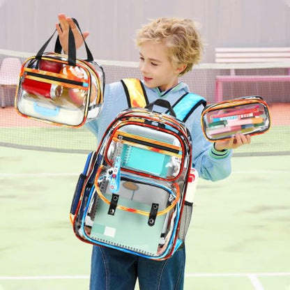 ACESAK Clear Backpack for Boys Girls - 3 Pcs Clear Heavy Duty with Lunch Bag - See Through Backpack Stadium Approved for Kids Middle High College School (Flame) - color: Flame