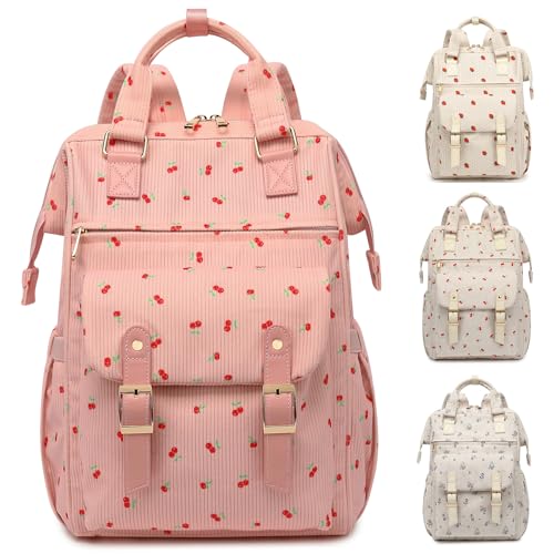 Corduroy Laptop Backpack for Women 15.6 Inch Stylish College School Bookbag, Business Work & Travel Computer Backpacks (Cherry Pink) - color: Corduroy Cherry Pink