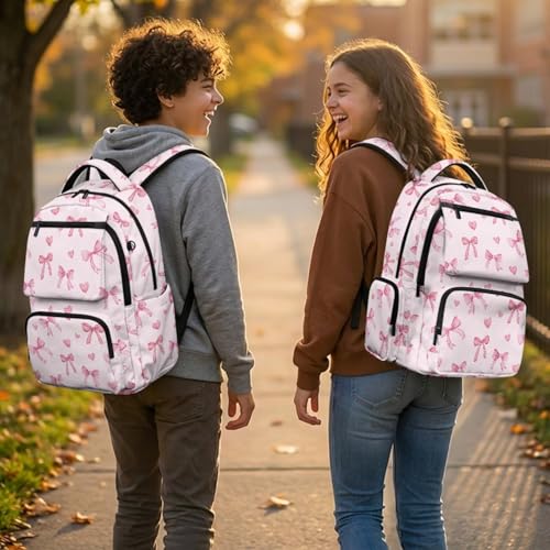 Pink Bow Backpack for Girls Back to School Backpack with Lunch Box Pencil Case and Water Bottle Holder 4 in 1 Lightweight 4th Grade Backpack for Girls Kids Bookbag for Primary School - color: Pink Bow