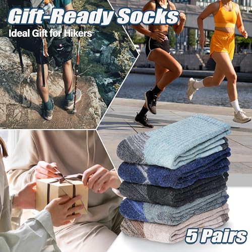 ANTSANG Merino Wool Hiking Socks, Enhanced Breathability, Targeted Cushion Thermal Socks for Men and Women, 5 Pairs - color: Blue/Brown/Black, size: Large