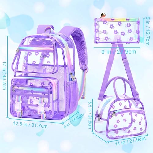 KLFVB See Through Backpack Heavy Duty, 3PCS Girls Clear School Bag Set, Cute Transparent Bookbag for Women - Plum Blossom Purple - color: Plum Blossom Purple Clear Backpack