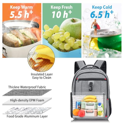 BIKROD Lunch Backpack, Insulated Cooler Lunch Bag Backpack, Large Travel 17.3 Laptop Back Pack Sturdy Computer College School Bookbag for Women Men for Men Women Work Hiking Picnic - color: Grey