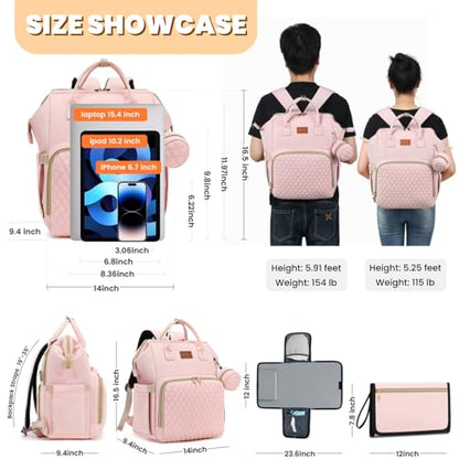 ROSEGIN Pink Diaper Bag Backpack for Baby Girls - Baby Shower Gifts for Mom, Quilted Diaper Bag with Changing Pad, Pacifier Case, Insulated Pockets, Stroller Straps, 35L Large Capacity - Cute - color: Pink