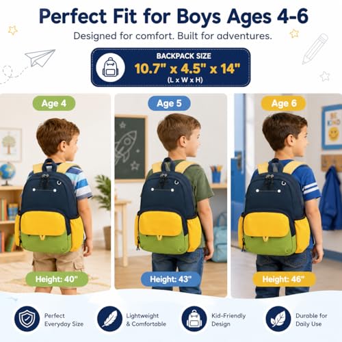 BTOOP Kids Backpack for Boys 3-6, Preschool Kindergarten Backpack with Insulated Lunch Compartment & Chest Strap, Cute Lightweight School Travel Bag Fits A4 Folder - color: Navy-blue, size: Age 3-6 (14.5" H Fit Folder)