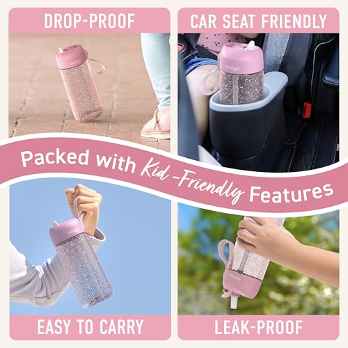 Bentgo Kids Water Bottle - Leak-Proof, Durable Tritan PFAS- & BPA-Free 15 fl oz, Kids/Toddlers Ages 3+ for School & Sports; Bite & Sip Spout, Carrying Handle, Dishwasher Safe (Petal Pink - Glitter) - color: Petal Pink