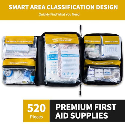 520 Pieces Premium First Aid Kit - Large Emergency Medical Kit for Survival, Car, Home, Travel, Camping, Backpack, Hiking, School (Yellow) - color: Yellow