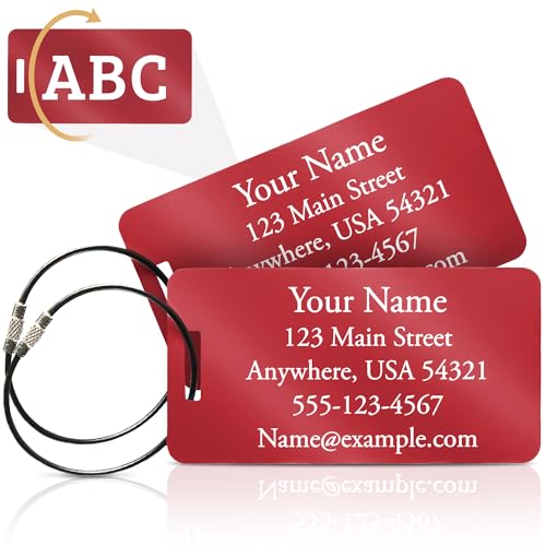 Personalized Aluminum Luggage Tags – Permanent Laser Engraved Metal Suitcase Tags for Travel – Custom Name & Contact ID for Checked Bags & Carry On – Set of 2 (Red) - color: Red
