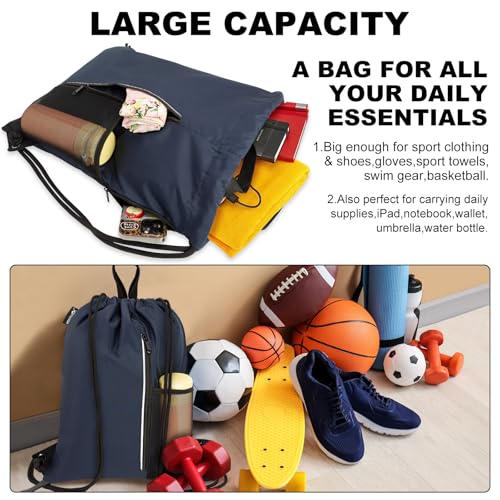HOLYLUCK Drawstring Backpack Gym Bag For Men Women, String Beach Swim Sports Backpack - color: Navy Blue, style: Standard Drawstring