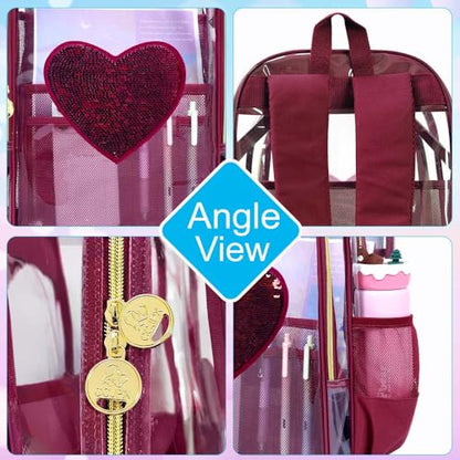 gxtvo 3PCS Girls See Through Backpack Heavy-Duty Set for Women & Teen, 17" Transparent Bookbag for with Luxurious Gold Zipper, Wine Red Sequins Clear School Bag - color: Wine Red Sequins Clear Backpack Set