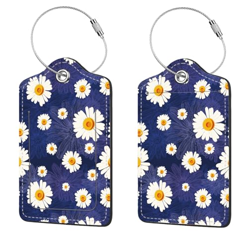 2 Pcs Luggage Tags for Suitcase, Cute Unique PU Leather Travel Bag Tag with Privacy Cover ID Label Address Card and Durable Metal Ring Suitable for Men Women Children Backpack,White Daisy - color: White Daisy