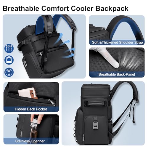 Weitars Insulated Cooler Backpack,Double Deck Waterproof Soft Cooler Bag,Backpack Coolers Leak Proof Lunch Backpack for Men Women for Travel,Camping,Picnic,Beach,Picnic,Outdoor 31L/52 Can - color: Black