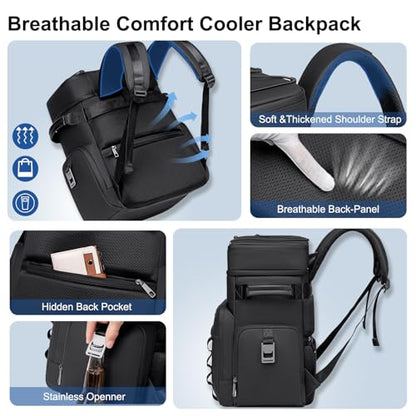 Weitars Insulated Cooler Backpack,Double Deck Waterproof Soft Cooler Bag,Backpack Coolers Leak Proof Lunch Backpack for Men Women for Travel,Camping,Picnic,Beach,Picnic,Outdoor 31L/52 Can - color: Black