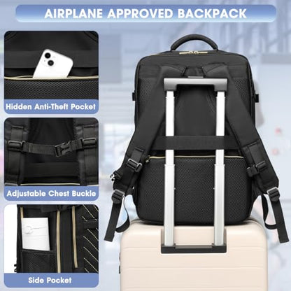 Large Carry On Travel Backpack - Flight Approved Waterproof Luggage Suitcase Backpacks Personal Item Size for Women Men Fit 17 Inch Laptop College Overnight Bag Anti-Theft Weekender Daypack Black Gold