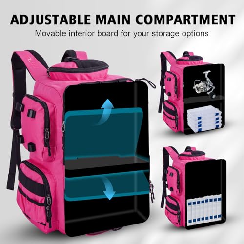 Goture Fishing Backpack, 900D Water-Resistant Tackle Backpack with Rod Holders, 45L Large Fishing Bag Storage Gear Tackle Bag with 8 Lure Pockets, Rain Cover for Camping Hiking(Without Tackle Box) - color: 45L Pink with 8 Lure Pockets