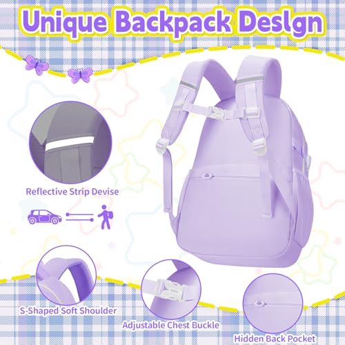 Girls Backpack with Lunch Box Set, 4 PCS Cute Kawaii School Bookbag for Elementary Girls, Purple Aesthetic Large Laptop Backpack for Kids & Teens - color: Purple