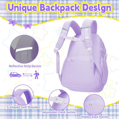 Girls Backpack with Lunch Box Set, 4 PCS Cute Kawaii School Bookbag for Elementary Girls, Purple Aesthetic Large Laptop Backpack for Kids & Teens - color: Purple