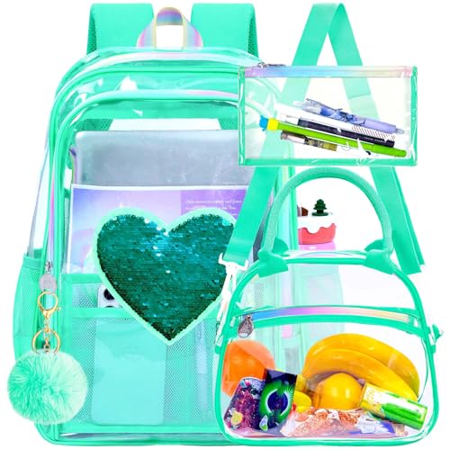 gxtvo 3PCS See Through Backpack Heavy-Duty Set for Women & Teen Girls, 17" Clear Bookbag with Rainbow Strap, Green Sequins Transparent School Bag - color: Green Sequins Clear Backpack Set
