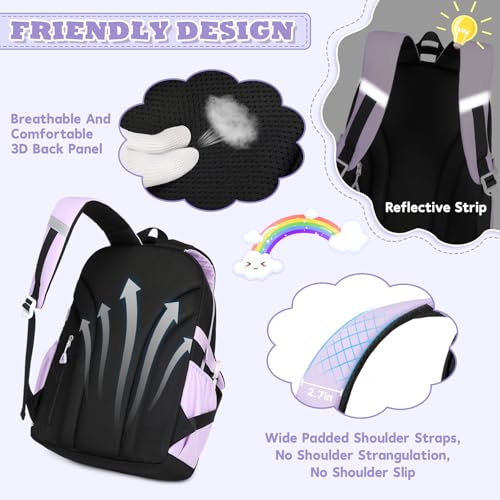 MUSEVOS Girls Backpack, Ideal School Backpack for Girls from Elementary to Teen Years, Kawaii Bookbag Cute Large Capacity (BLACK&PURPLE) - color: Black&purple