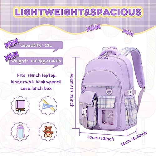 PIG PIG GIRL Girls Backpack, Lightweight Kids Backpack Kawaii School Backpacks Bookbag for Primary Elementary School,Age 6-14 years,Purple(Luggage Strap Ver) - color: 1pc-purple(luggage Strap Ver)