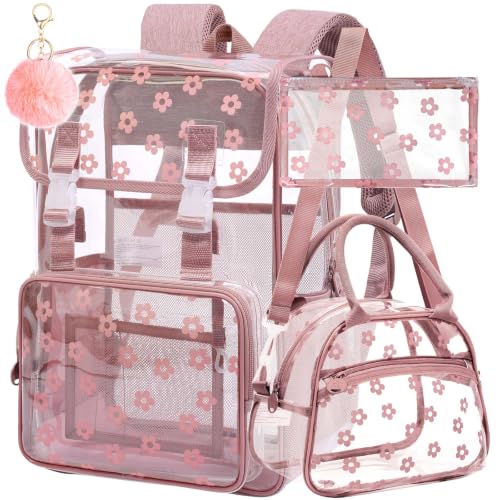 3Pcs Clear Backpack for School, Girls Kids Transparent Bookbag Set, 17" Stadium Approved See Through Backpack with Lunch Box (Pink) - color: Plum Blossom Pink