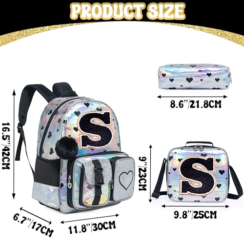 HTgroce Backpacks for Girls School Bag Kids Black Bookbag for Elementary Students Kids Backpack with Lunch Box and Pencil Case - color: Silver, style: S