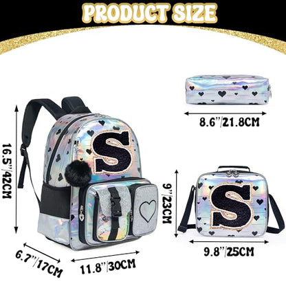 HTgroce Backpacks for Girls School Bag Kids Black Bookbag for Elementary Students Kids Backpack with Lunch Box and Pencil Case - color: Silver, style: S
