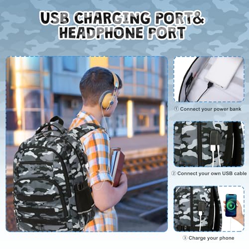 ACESAK Camo Backpack for Boys, Tactical Kids Backpack Boys, School Bags for Boy Children Teens Kids Elementary Middle High School, Military Bookbag and Lunch Bag Pencil Case Set with USB Charging Port - color: Gray Black