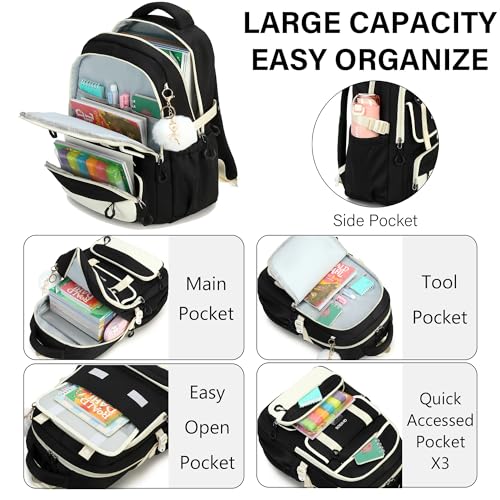School Backpack for Girls, Laptop Backpack 15.6 Inch Kids Elementary Middle High School Bag Anti Theft Cute College Bookbags for Teens Girls Women Students Casual Travel Daypack,Black Beige - color: Black Beige