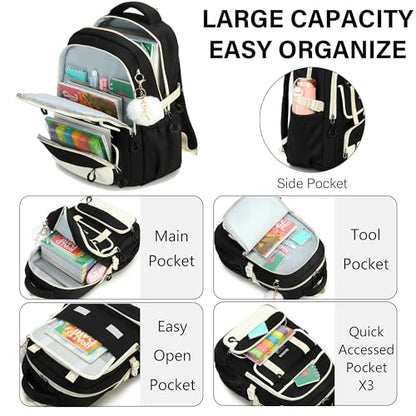 School Backpack for Girls, Laptop Backpack 15.6 Inch Kids Elementary Middle High School Bag Anti Theft Cute College Bookbags for Teens Girls Women Students Casual Travel Daypack,Black Beige - color: Black Beige