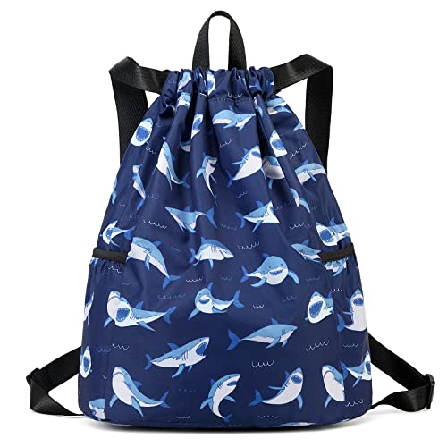 Children Boy Girl Ocean Shark Print Drawstring Backpack Outdoor Casaul Portable Shoulder Bag Swim Gymsack Sack Pack Dark Blue - color: Shark Dark Blue
