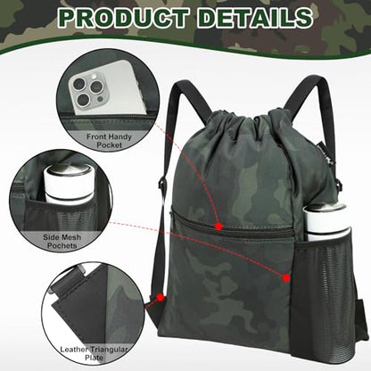 HOLYLUCK Men & Women Outdoor Sport Gym Sack Waterproof Drawstring Backpack Bag (Standard with width webbing, Black Camo-1) - color: Black Camo-1, style: Standard With Width Webbing