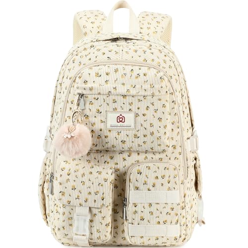 Hidds School Backpack for Teens Girls Women 15.6 Inch Laptop College Backpacks Corduroy Work Bag Kids Elementary Middle High Campus Bookbag Students Anti Theft Travel Daypack Womens - Beige Floral - color: 04-corduroy Beige Floral