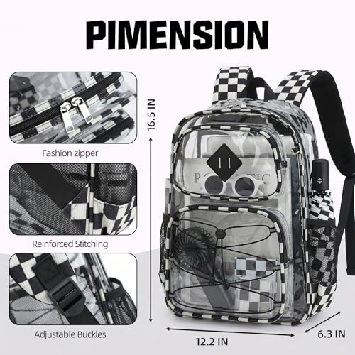 Clear Backpacks for Girls Women, Heavy Duty PVC Transparent Back Pack See Through Boys Kids Clear Bookbags for School - Checkered Black White - color: Checkered Black White