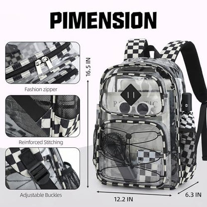 Clear Backpacks for Girls Women, Heavy Duty PVC Transparent Back Pack See Through Boys Kids Clear Bookbags for School - Checkered Black White - color: Checkered Black White