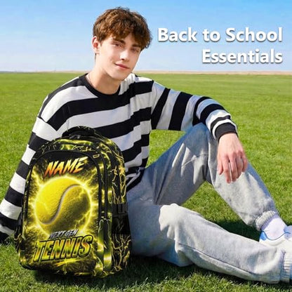 Custom Boys Backpack, Personalized Kids School Bag with Name - 17" Cool Tennis Bookbag for Elementary Middle Students, Reflective Ergonomic Design - color: Yellow