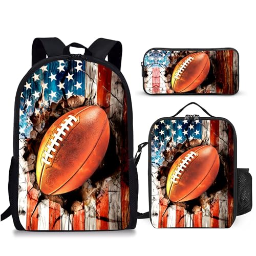 3PCS Football Backpack for Boys Girls Teens, School Backpack with Lunch Box Pencil Case for Elementary Middle High Students, 17 Inch Lightweight Bookpack 3 in 1 Set Back to Shool Supplies for Kids - color: American Flag Football S01