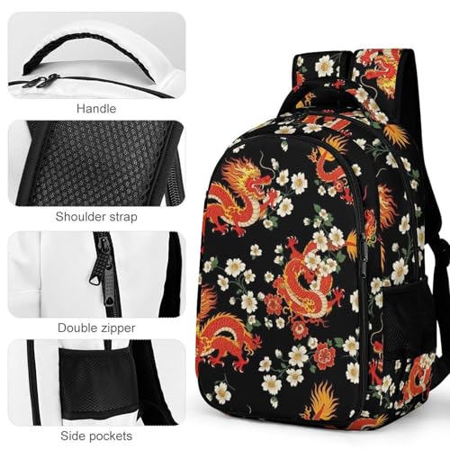 Casual Lightweight Laptop Backpack Red Chinese Japanese Dragon Flower Black, Cute Travel Daypack with Tumbler Holder for College Nurse Teacher Work Commute - color: Pattern (356)