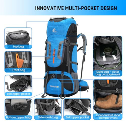 Bseash 80L Waterproof Hiking Camping Backpack with Rain Cover, Lightweight Outdoor Sport Travel Daypack for Climbing Touring (Blue) - color: Blue