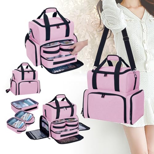 Large Makeup Cosmetic Bag with 3 Removable Case and 2 Removable Dividers Double Layer Travel Storage Organizer, Makeup Brushes Storage Section Pink - color: Pink