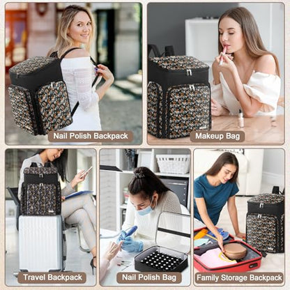 Floral Pattern Nail Polish Storage Backpack, Large Capacity Organizer Case with Multiple Compartments, Black