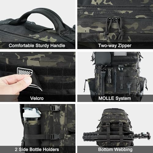 Military Tactical Backpack 25L Day Backpack for Men Molle Army 3 Days Assault Pack Bug Out Bag Water Resistant and Heavy Duty Hiking Treeking Rucksack - Black Camo - color: Black Camo, size: 25L