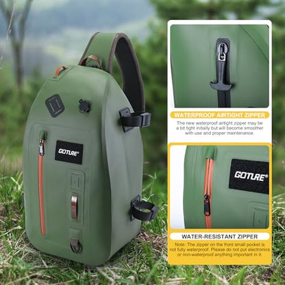 Goture Waterproof Fly Fishing Sling Pack, IPX8 840D TPU Fishing Sling Bag, 13L Tackle Backpack with Rod Holder,Airtight Zipper,Exhaust Valve,Adjustable Strap for Kayaking,Wadering,Hiking - color: A1:13L Green