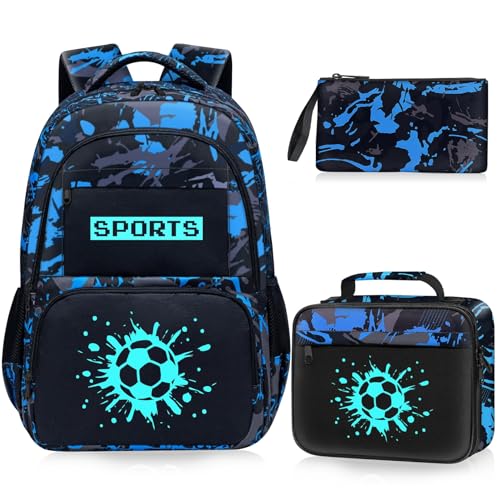 School Backpack for Boys - Boys Backpack for Kids Children Teens Elementary Middle School - 17″ Gamer Bookbag Travel Back Pack for Age 6-18 - color: Sports-soccer001-backpack Set
