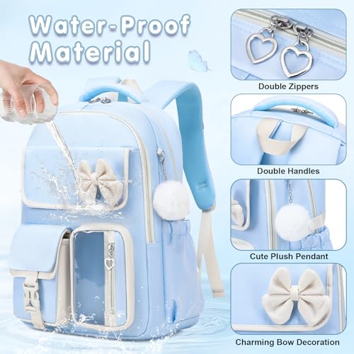 GeeWin Girls Backpack for School with Lunch Box & Pencil Case Set, 17 Inch Waterproof Cute Bow Girls Bookbag for Kids, Teens, Elementary Middle High College School Student (Blue/Beige) - color: Blue Beige