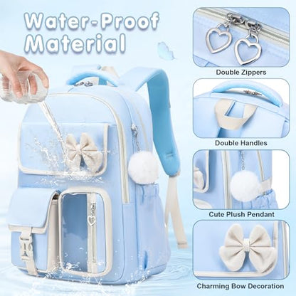GeeWin Girls Backpack for School with Lunch Box & Pencil Case Set, 17 Inch Waterproof Cute Bow Girls Bookbag for Kids, Teens, Elementary Middle High College School Student (Blue/Beige) - color: Blue Beige