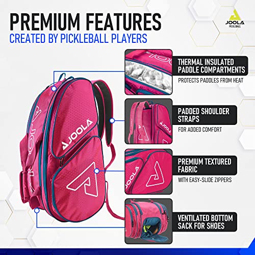 JOOLA Tour Elite Pickleball Bag – Backpack & Duffle Bag for Paddles & Pickleball Accessories – Thermal Insulated Pockets Hold 4+ Paddles - Includes Fence Hook - color: Hot Pink/Blue