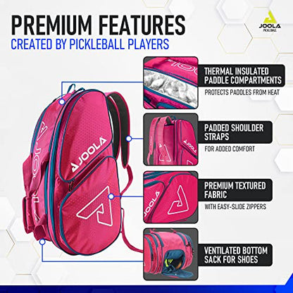 JOOLA Tour Elite Pickleball Bag – Backpack & Duffle Bag for Paddles & Pickleball Accessories – Thermal Insulated Pockets Hold 4+ Paddles - Includes Fence Hook - color: Hot Pink/Blue