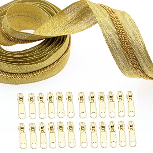5# Gold Metallic Nylon Coil Zippers by The Yard, Bulk Gold Zipper Tape 10 Yards with 20Pcs Pulls for DIY Sewing Craft Bags YIGUANXIN - color: Gold