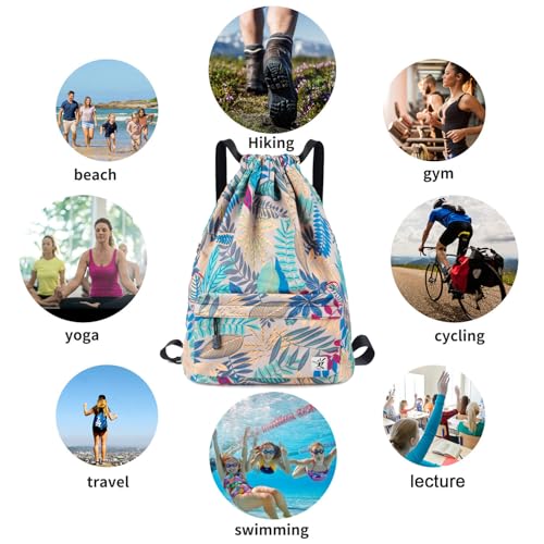 Drawstring Backpack with Mesh Pockets String Gym Bag Sackpack Sandproof Water Resistant Beach Backpack for Men Women - color: 01-gray Leaves